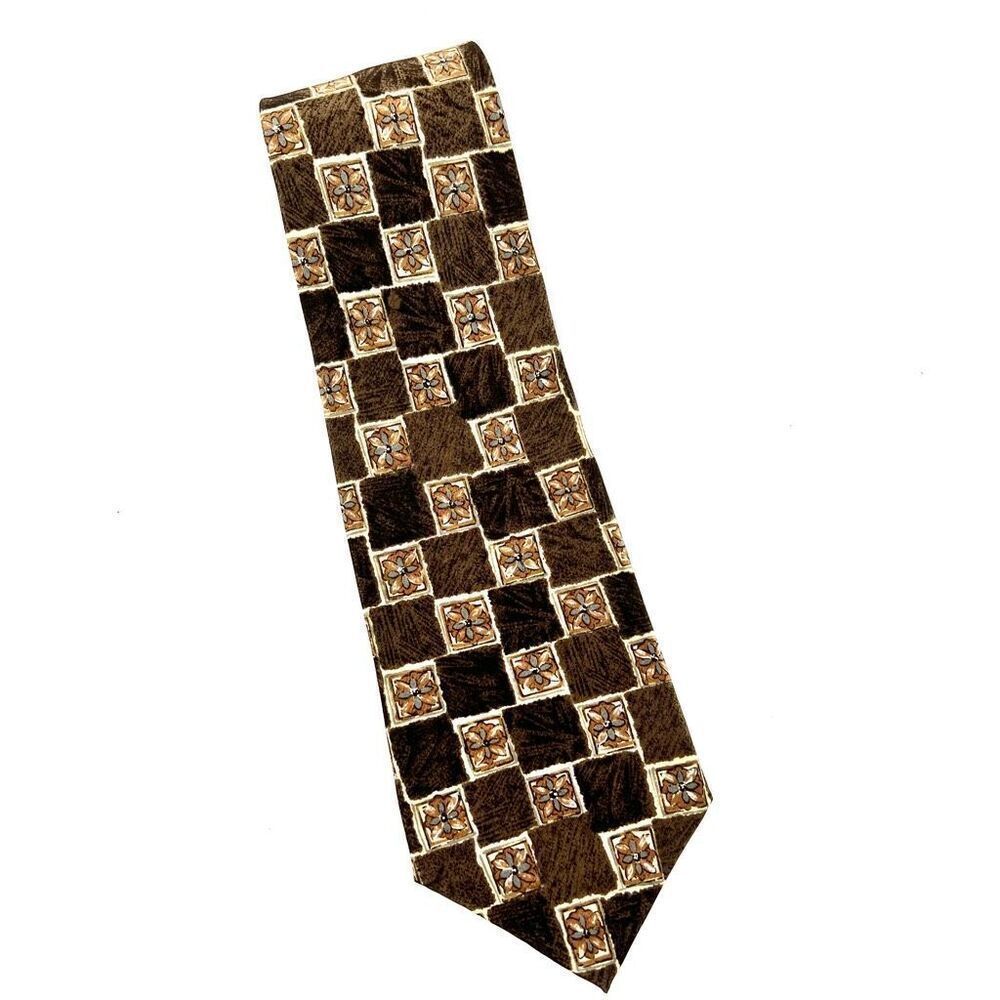 Pierre Cardin All Silk Tie Brown Blue Floral Check Pattern Made in USA
